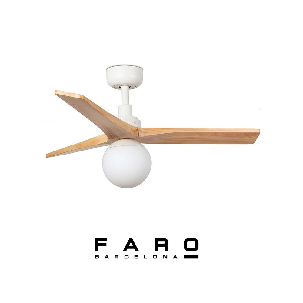 Ανεμιστήρας οροφής FARO KLIM White Oak με φωτισμό E27, λευκό σώμα και πτερύγια σε φυσική απόχρωση δρυός