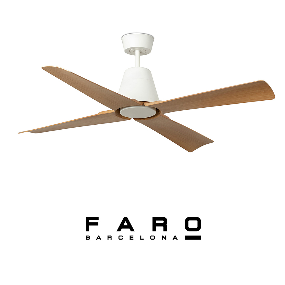 Ανεμιστήρας οροφής FARO TYPHOON White Maple IP44 για εσωτερικό και εξωτερικό χώρο, με λευκό σώμα και πτερύγια σε φινίρισμα maple, διαθέσιμος με ή χωρίς φωτισμό