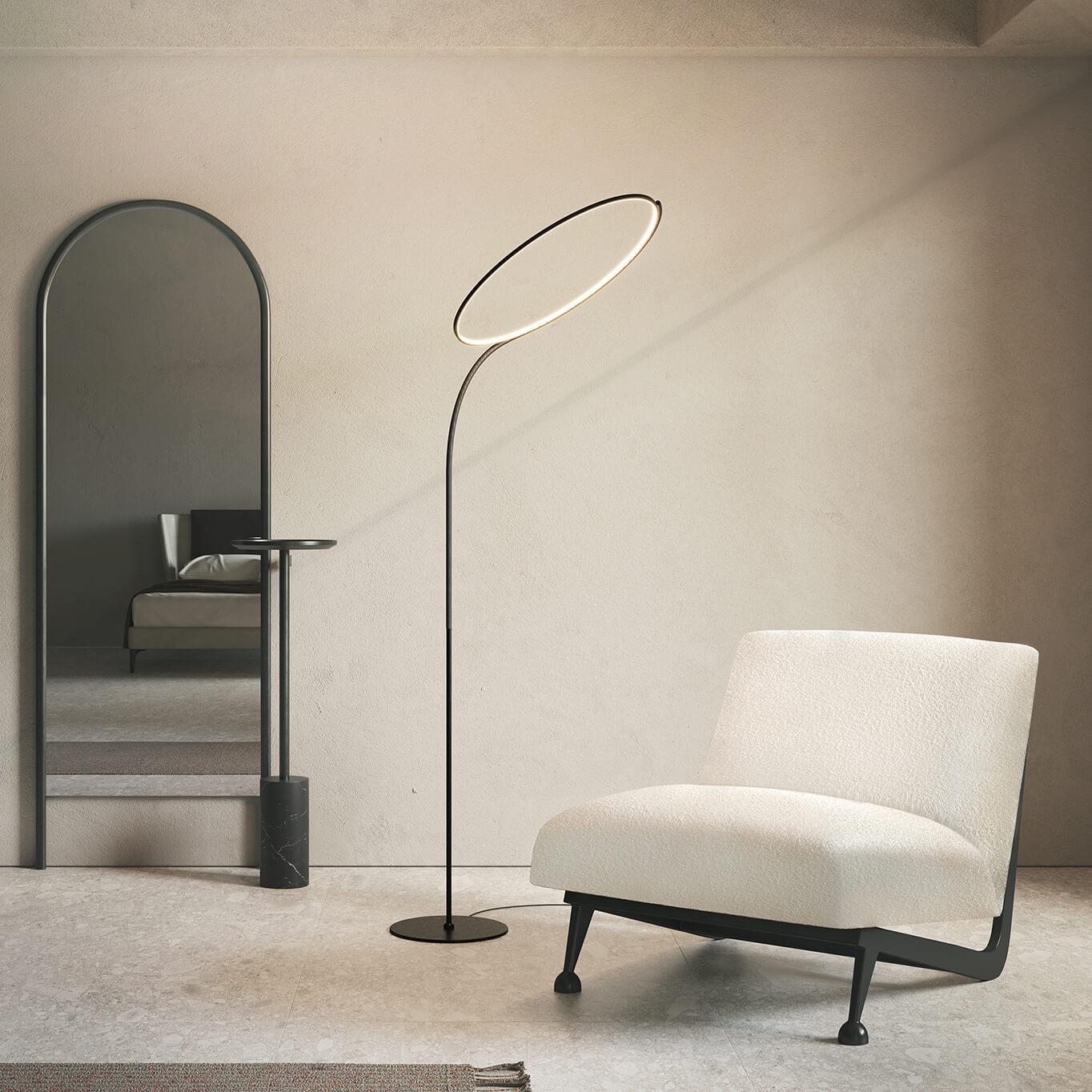 Φωτιστικό δαπέδου KDLN Poise Floor με φωτεινό περιστρεφόμενο δακτύλιο LED σε μαύρη ματ κατασκευή.