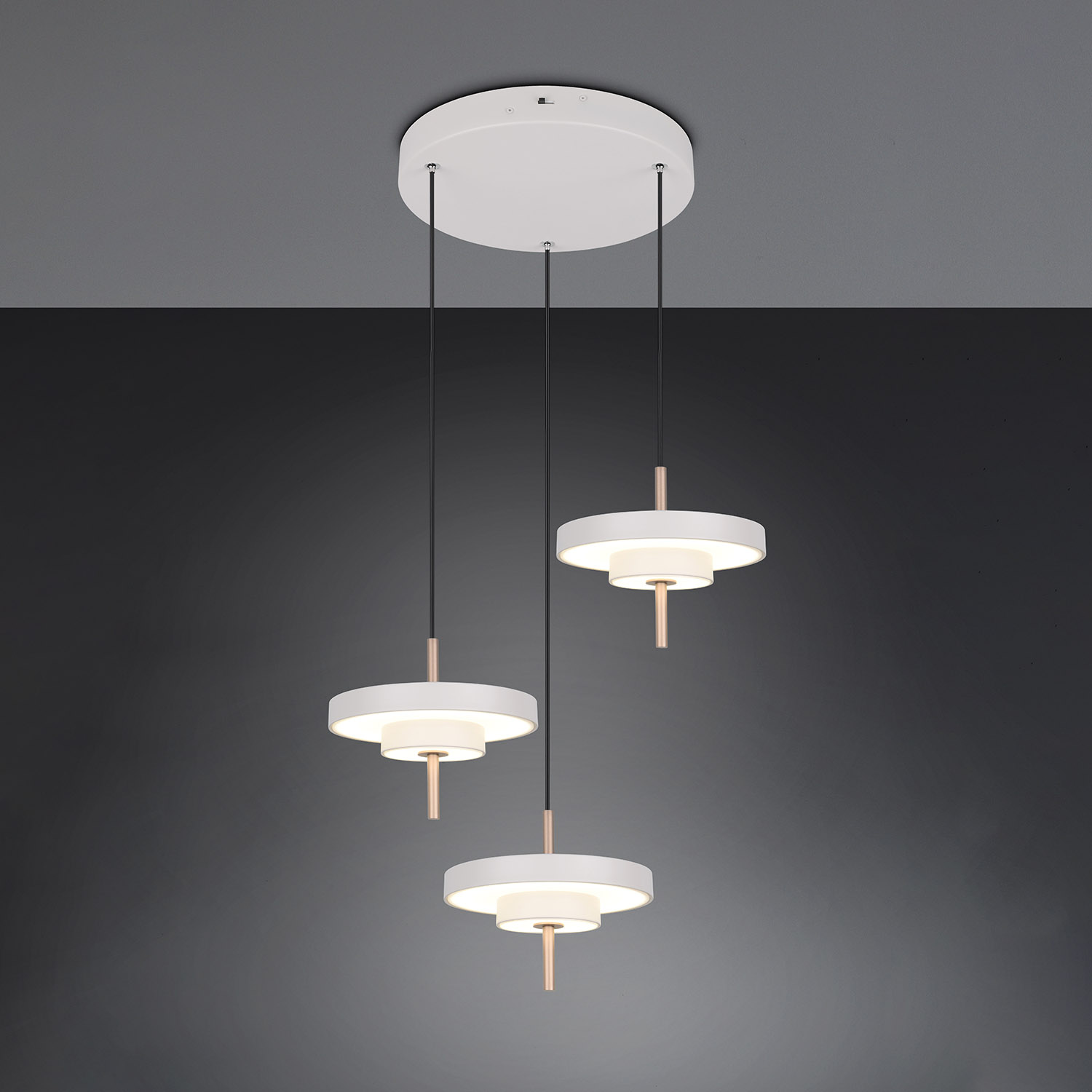 Τρίφωτο κρεμαστό φωτιστικό TRIO Keaton 3-Grey S με στρογγυλή βάση και LED φωτιστικά warm grey για τραπεζαρία