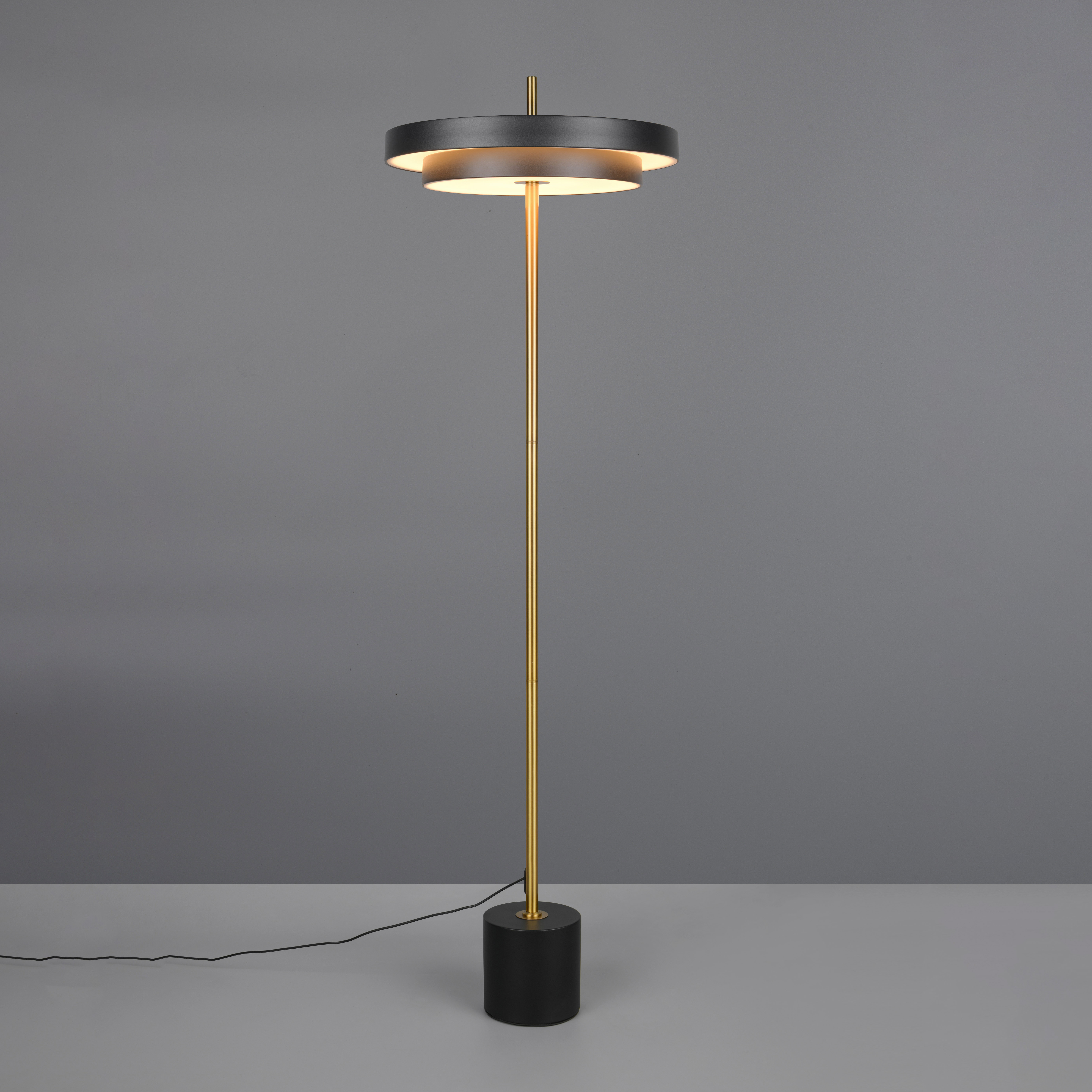 LED φωτιστικό δαπέδου TRIO Keaton σε μαύρο και χρυσό με κυκλική κεφαλή και dimmer αφής