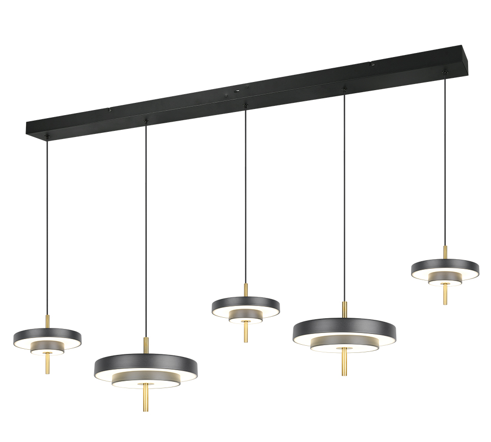 Κρεμαστό φωτιστικό ράγας TRIO Keaton Black Track-5 S με πέντε LED φωτιστικά μαύρο-χρυσό για τραπεζαρία και νησίδα κουζίνας
